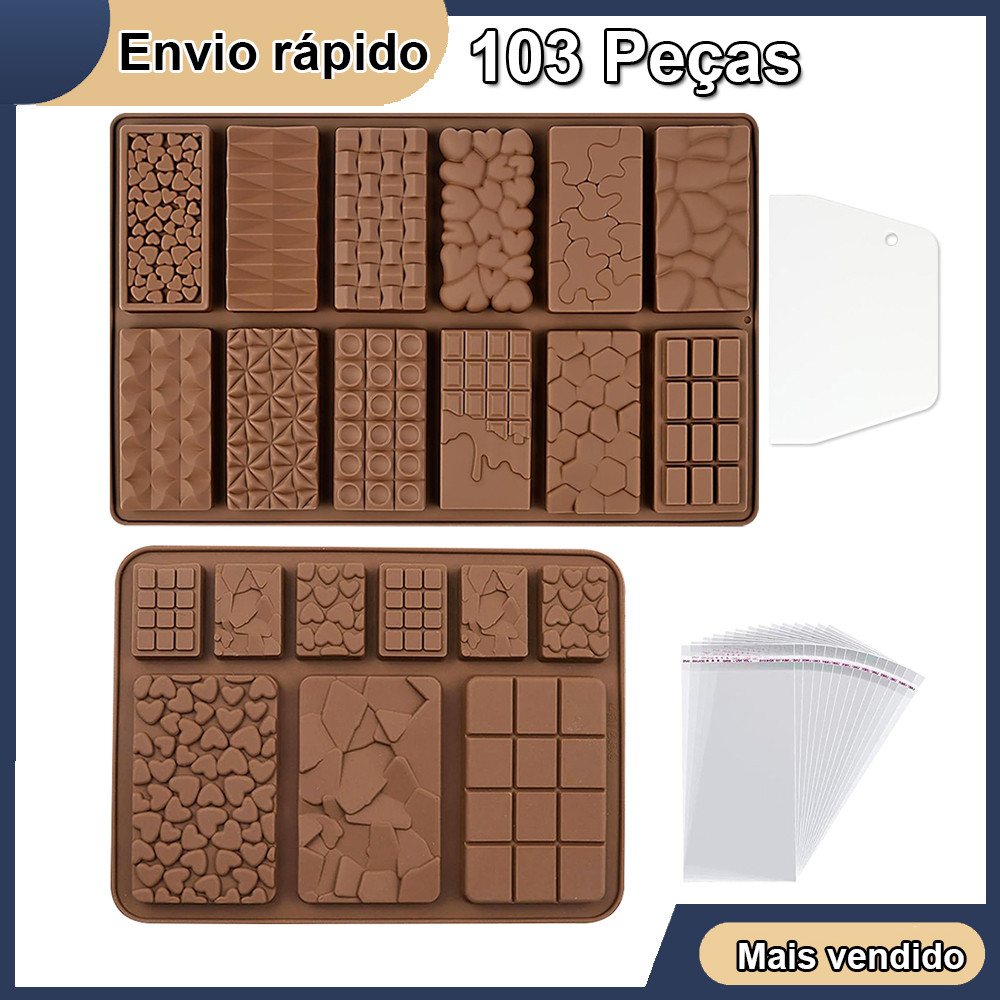 2 peças Várias formas Molde de chocolate silicone antiaderente de grau barra de chocolate + 100 sacos + 1 raspador em Oferta na Shopee