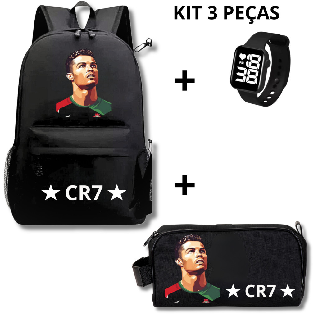 Mochilas Cr7 Cristiano Ronaldo + Necessaire Estojo Grande + Relogio Smartwatch Mochilas Escolar Masculina Bolsa
