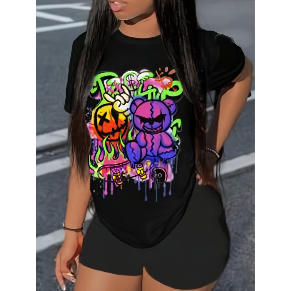 Camiseta Turbo Geometrico Urso Abobora Colorido Estampada Confortavel Divertida Estilosa Verão