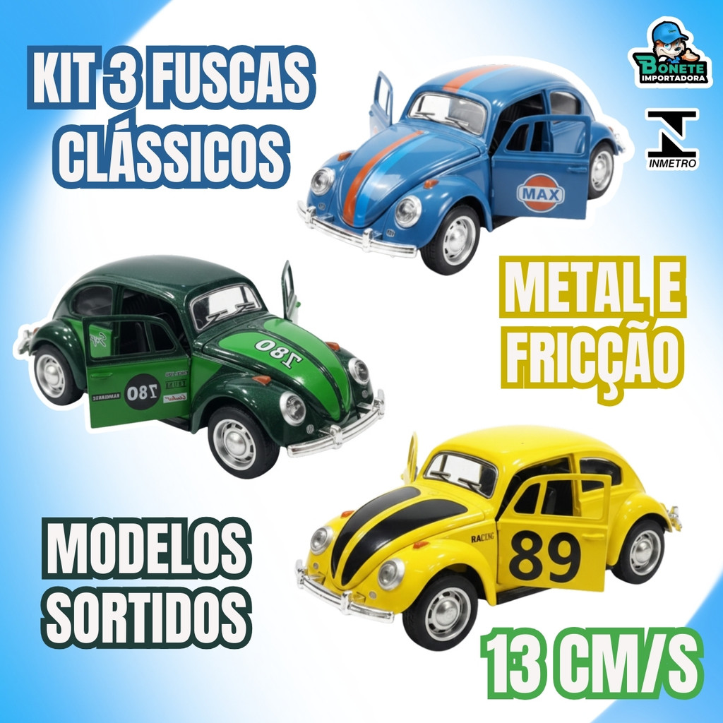 Mini Fuscas de Metal 13cm – Kit com 3 (780, 89, MAX) – Brinquedo de Fricção