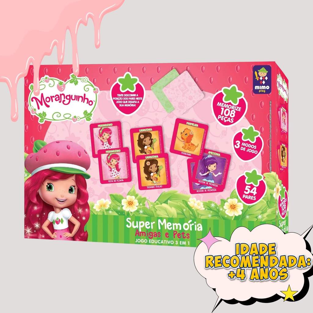 Detalhes do Jogo Super Memória 3 em 1 da Moranguinho com 108 peças Mimo Toys - 4123