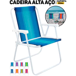 Cadeira De Praia Alta Mor Dobrável Em Aço 110kg Piscina Camping Jardim Pescaria Viagem