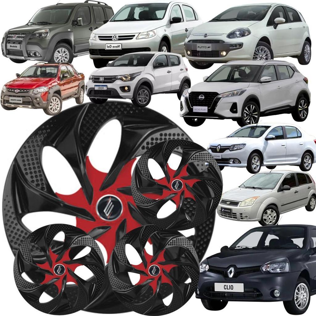 Jogo 4 Calota Esportiva Modelo Evolution Aro 14 Polegadas Preto com Vermelho Universal Elitte