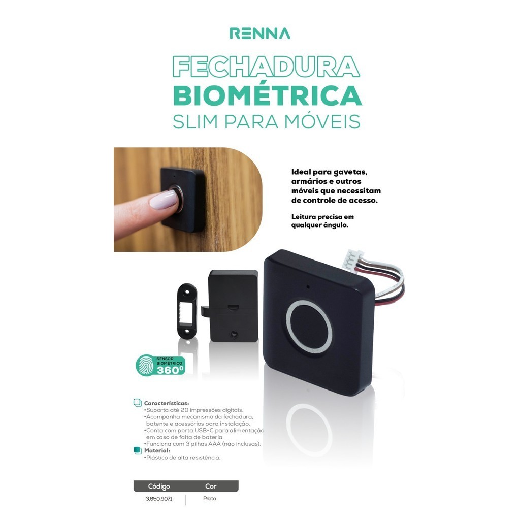 Fechadura Biometrica Eletrônica Gavetas E Armários RENNA - Trava Biometrica Para Móveis