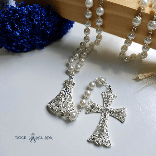 Terço de Noiva Prata  10mm Perola Nossa Senhora Aparecida