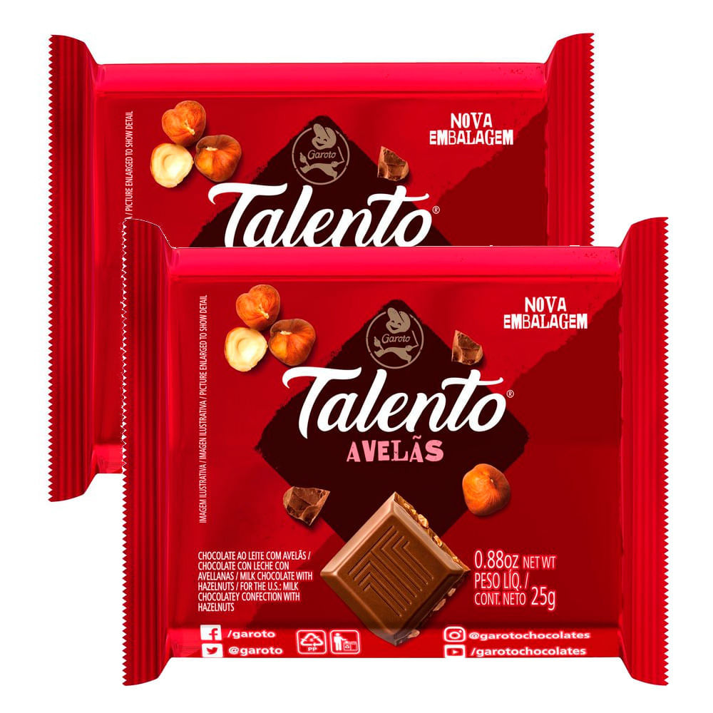 Kit 2 Chocolate Garoto Talento ao Leite com Avelãs 25g