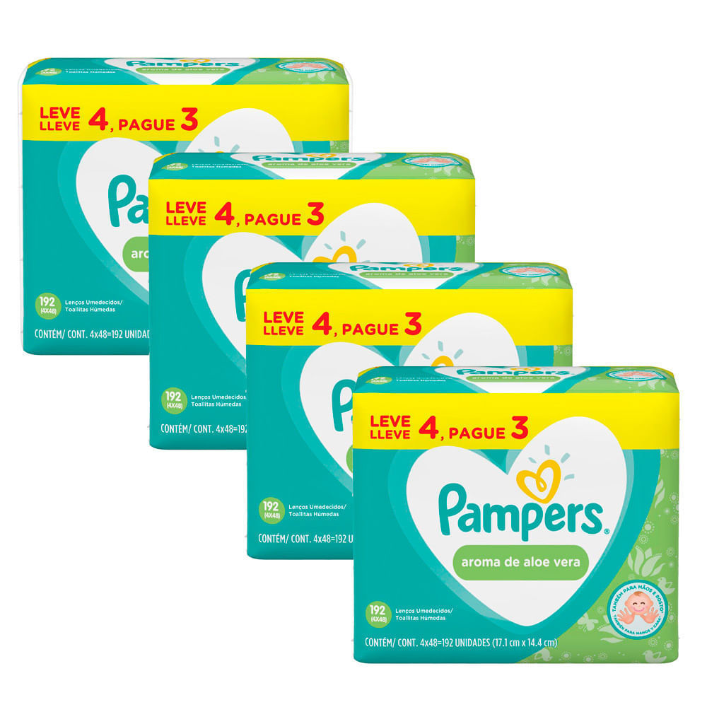 Kit 4 Lenços Umedecidos Pampers Aroma de Aloe Vera 192 Unidades em Oferta na Shopee