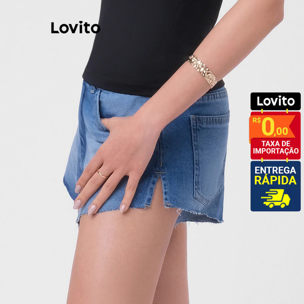 Detalhes do Lovito Shorts Jeans Feminino Curto Casual Básico LBRL050