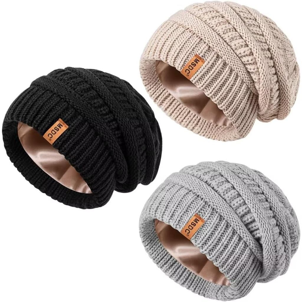3 Pacotes de Gorros Forrados de Cetim para Mulheres, Chapéus de Inverno Quentes e Largos com Forro de Seda, Gorro de Mal
