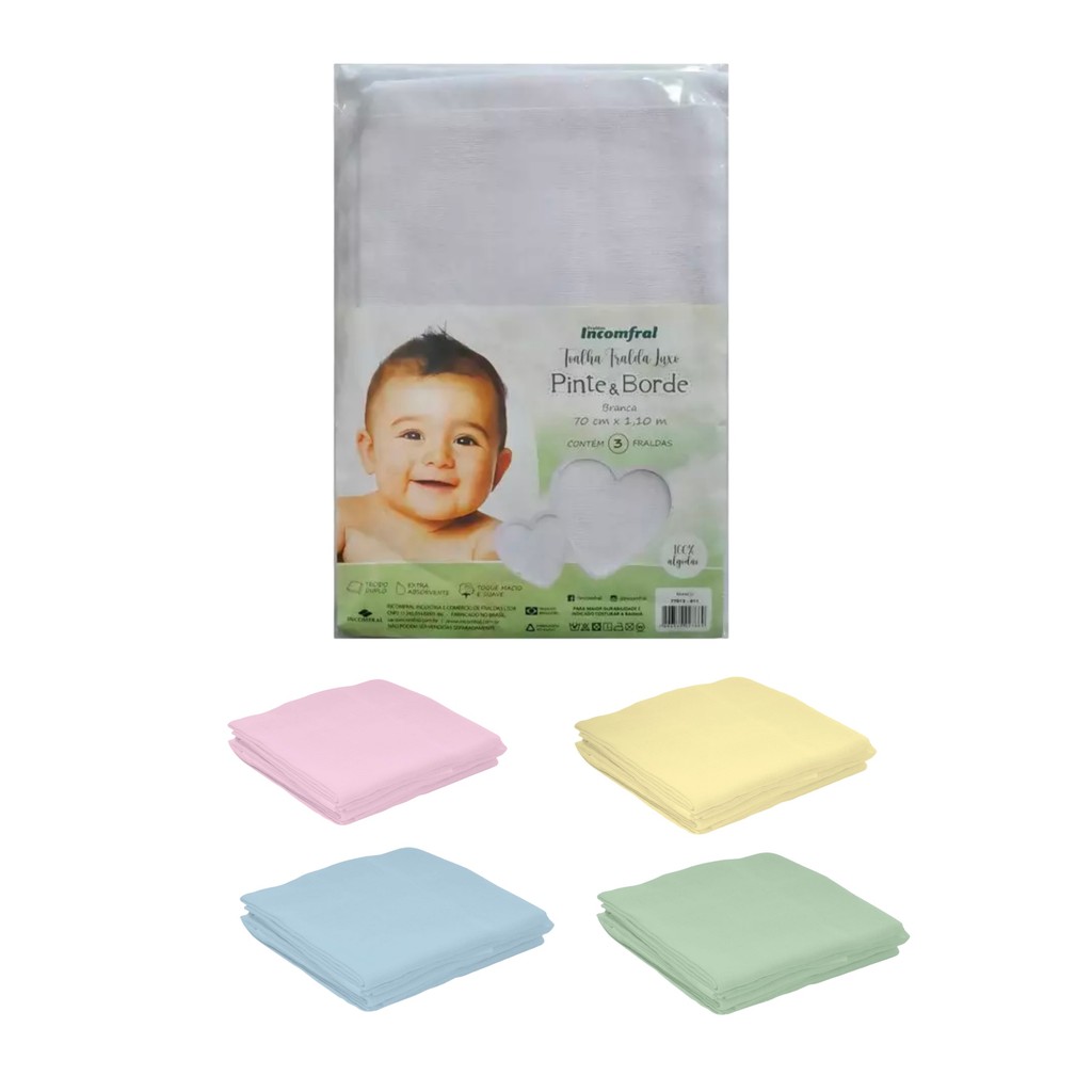 Toalha Fralda Luxo Pinte e Borde Branca 3 Unidades 70Cm x 110Cm Incomfral