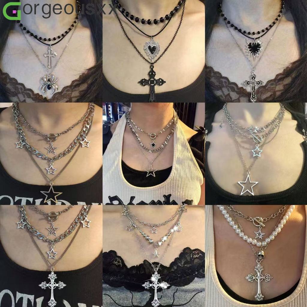 [Gorgeousxx] Y2K Punk Cross Pentagrama Pingente Contas Pretas Colares Em Camadas Para Mulheres Joias Legal em Oferta na Shopee