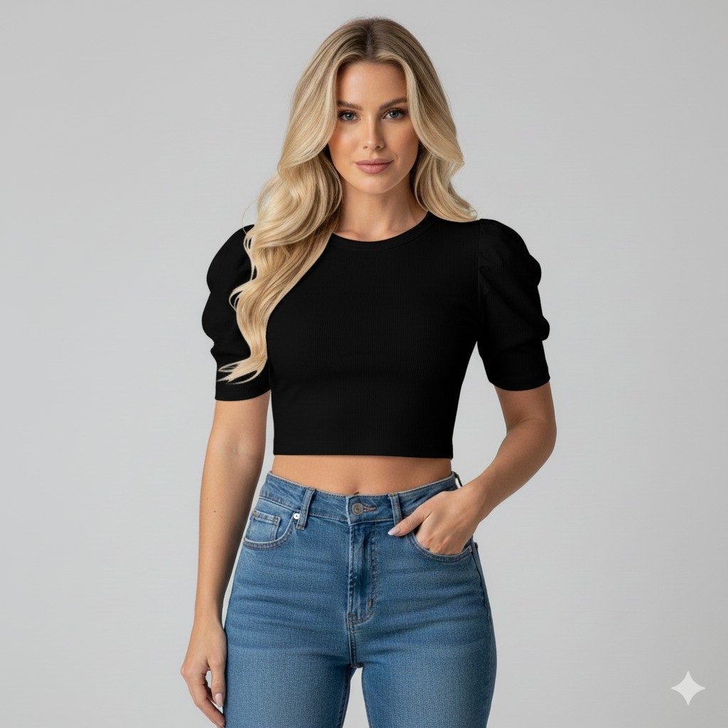 blusa cropped feminino canelado elastano manga curta princesa top prática
