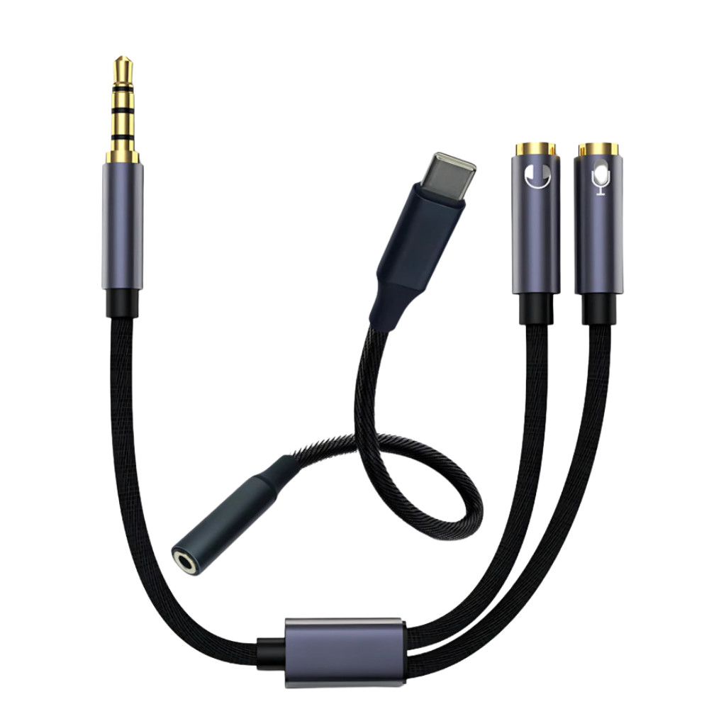 Kit Adaptador USB Tipo-C para P3 + Divisor de Áudio P2 – Compatível com Celular e PC