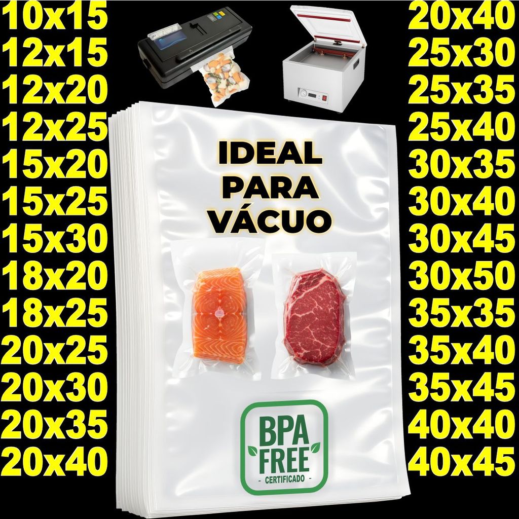 Saco Embalar a Vácuo Embalagem Lisa Sem Ranhura [Pacote C/ 100 Uni] Alimentício Resistente Profissional [Escolha Medida]