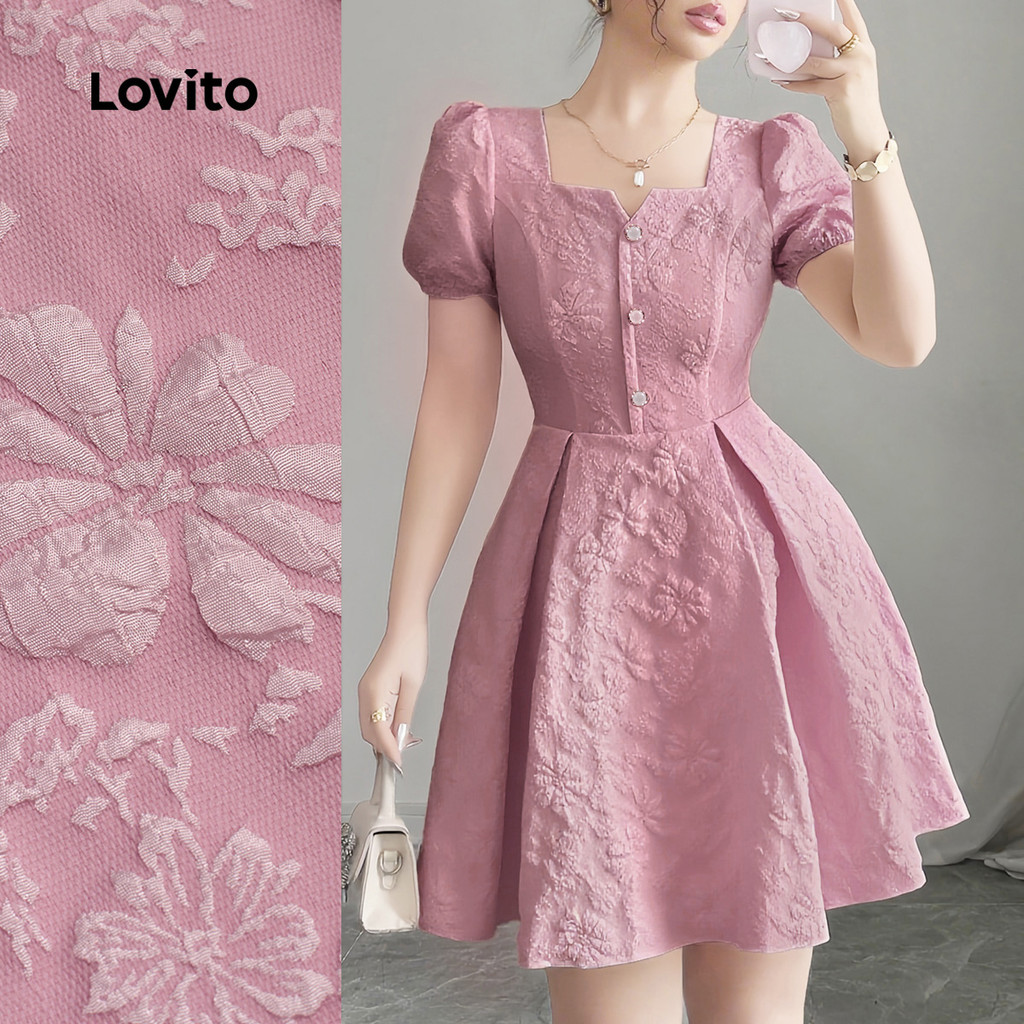 Lovito Vestido Elegante de Jacquard com Botões e Plissado Primavera/verão rosa L138ED340 em Oferta na Shopee