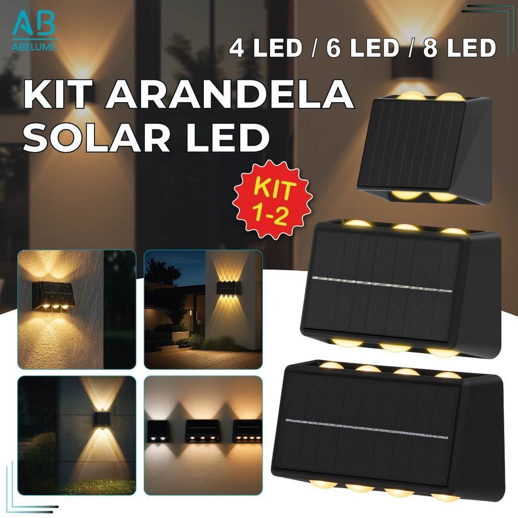2 Arandela Solar Led 4 LED 6 LED 8 LED Luz Quente Placa Solar Embutida A Prova Dágua