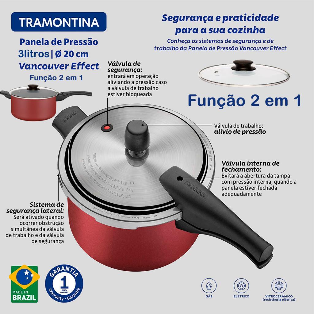 Detalhes do Panela de Pressão 2 em 1Tramontina Vancouver c/ Tampa de Vidro Antiaderente Vermelha 3 Lts