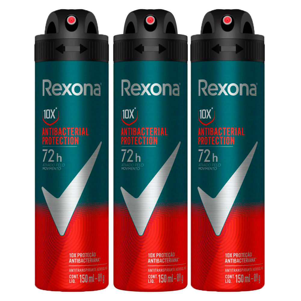 Kit 3 Desodorante Rexona Antibacterial Protection Men Aerosol Antitranspirante 72h 150ml em Oferta na Shopee