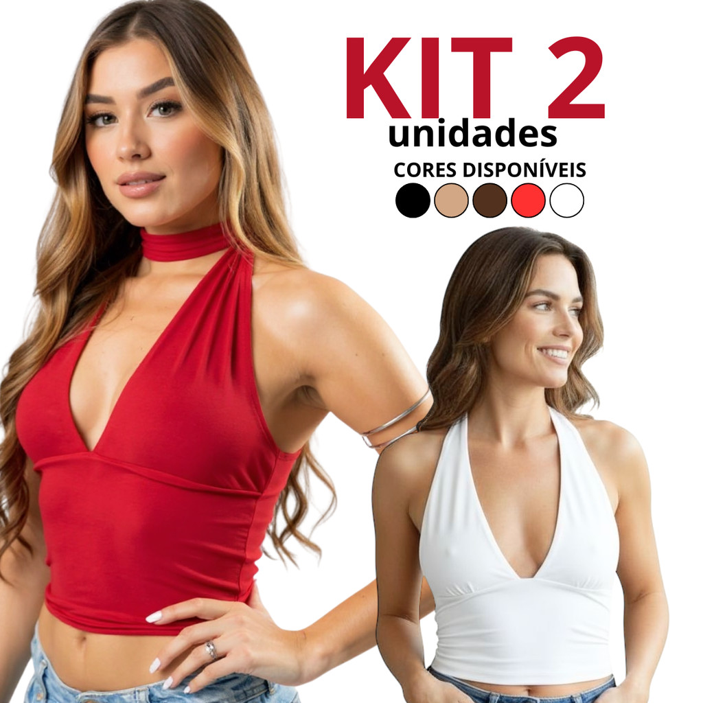 Kit 2 Blusa Cropped Feminino Top Com Amarraçao Multiformas Decote Forrado Festa Premium Decotado Suplex Slim Sustentação em Oferta na Shopee