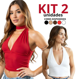 Kit 2 Blusa Cropped Feminino Top Com Amarraçao Multiformas Decote Forrado Festa Premium Decotado Suplex Slim Sustentação em Oferta na Shopee