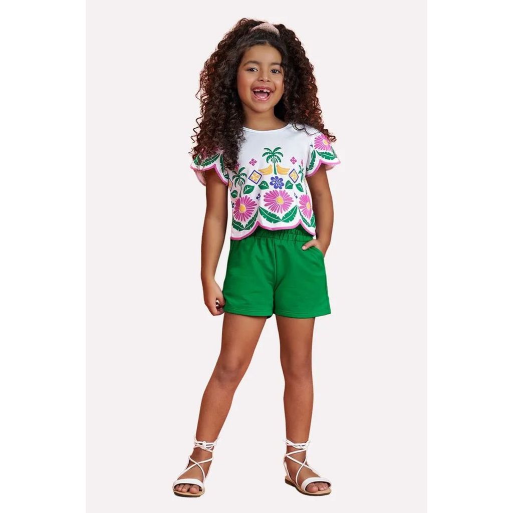 Conjunto Menina Blusa Estampa Relevo Tropical e Short Nanai