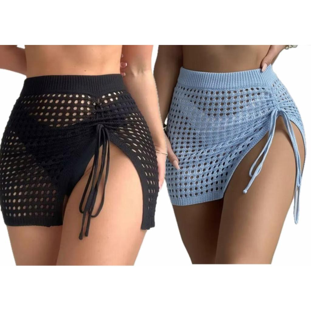 Kit 2 Saídas de Praia Saia Tricô Crochê Com Cordão Lateral Feminina Moda Verão em Oferta na Shopee