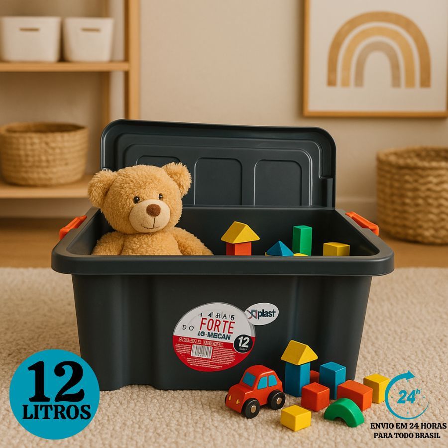 Caixa Organizadoras 12 Litros Com Tampa E Travas Preta Roupas Brinquedos Xplast