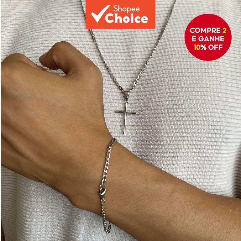 Conjunto De Colar E Pulseira Cruzada De Aço Inoxidável Para Homens 60CM 70CM