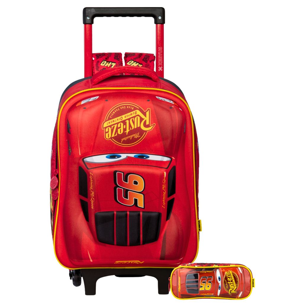 Kit Conjunto Escolar Infantil Menino Carros Relâmpago McQueen Mochila 2EM1 Rodas e Costas + Estojo