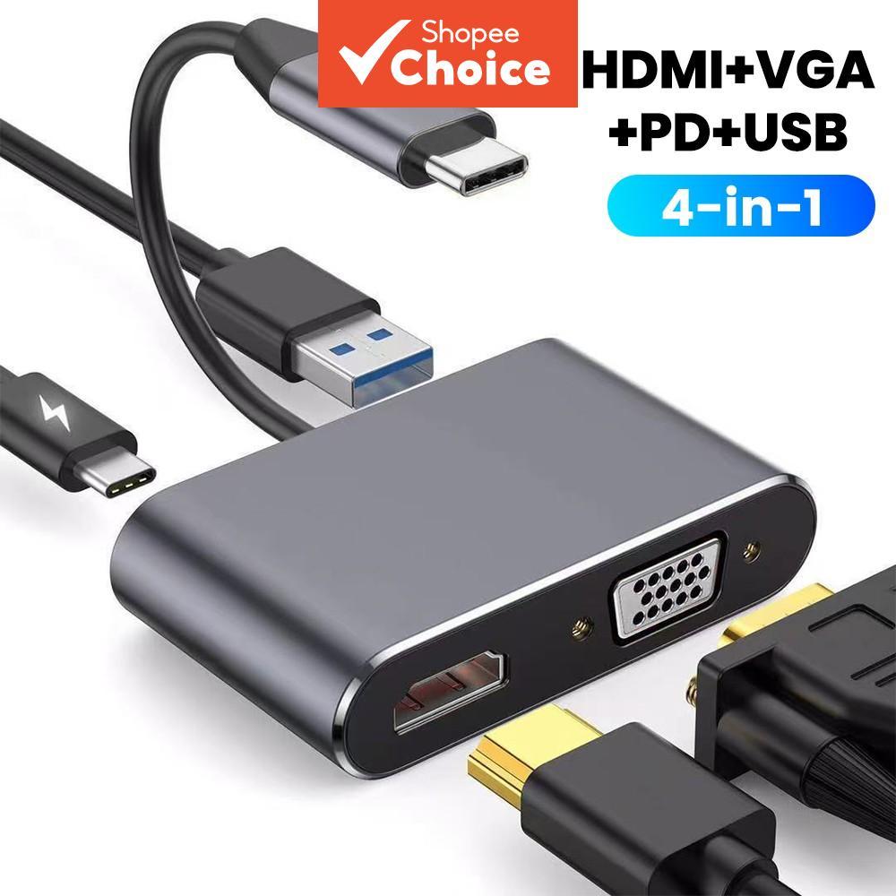 Novo HUB USB 4 em 1 com Adaptador VGA para Laptop, HDMI 4K e Docking Station Tipo C com Carga PD