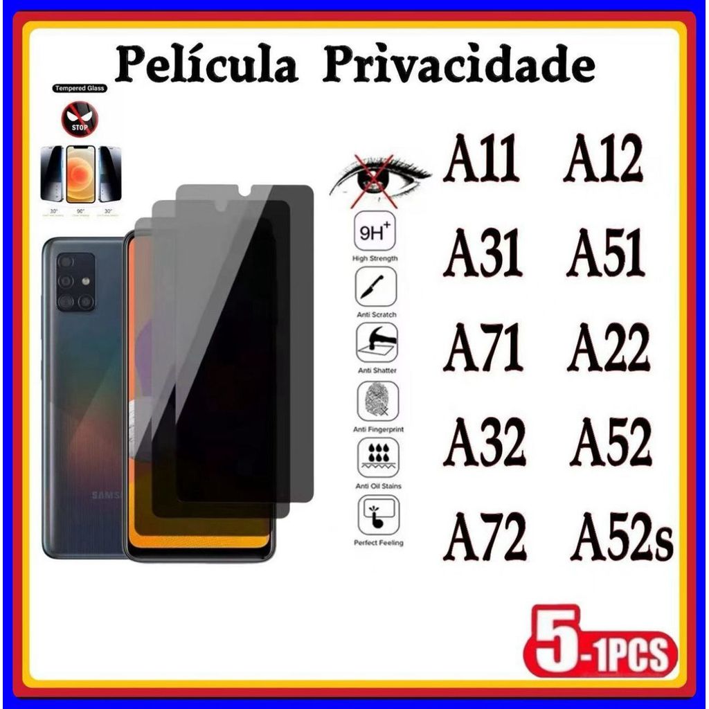 Película de Privacidade 3D Vidro Temperado Anti Spy Samsung A11 A12 A31 A51 A71 A22 A32 A52 A72 A52S