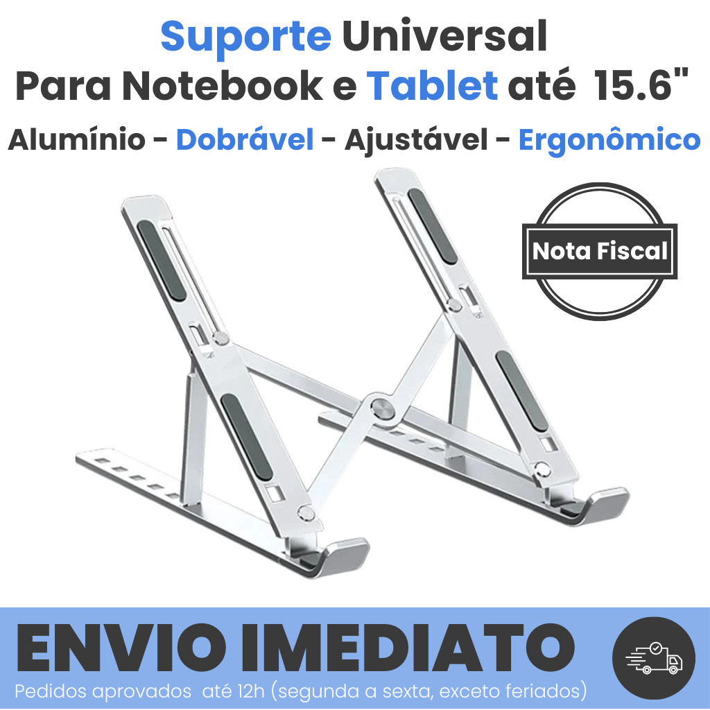 Suporte para Notebook e Tablet em Alumínio N3 – Dobrável, Ajustável, Portátil e Ergonômico até 15.6