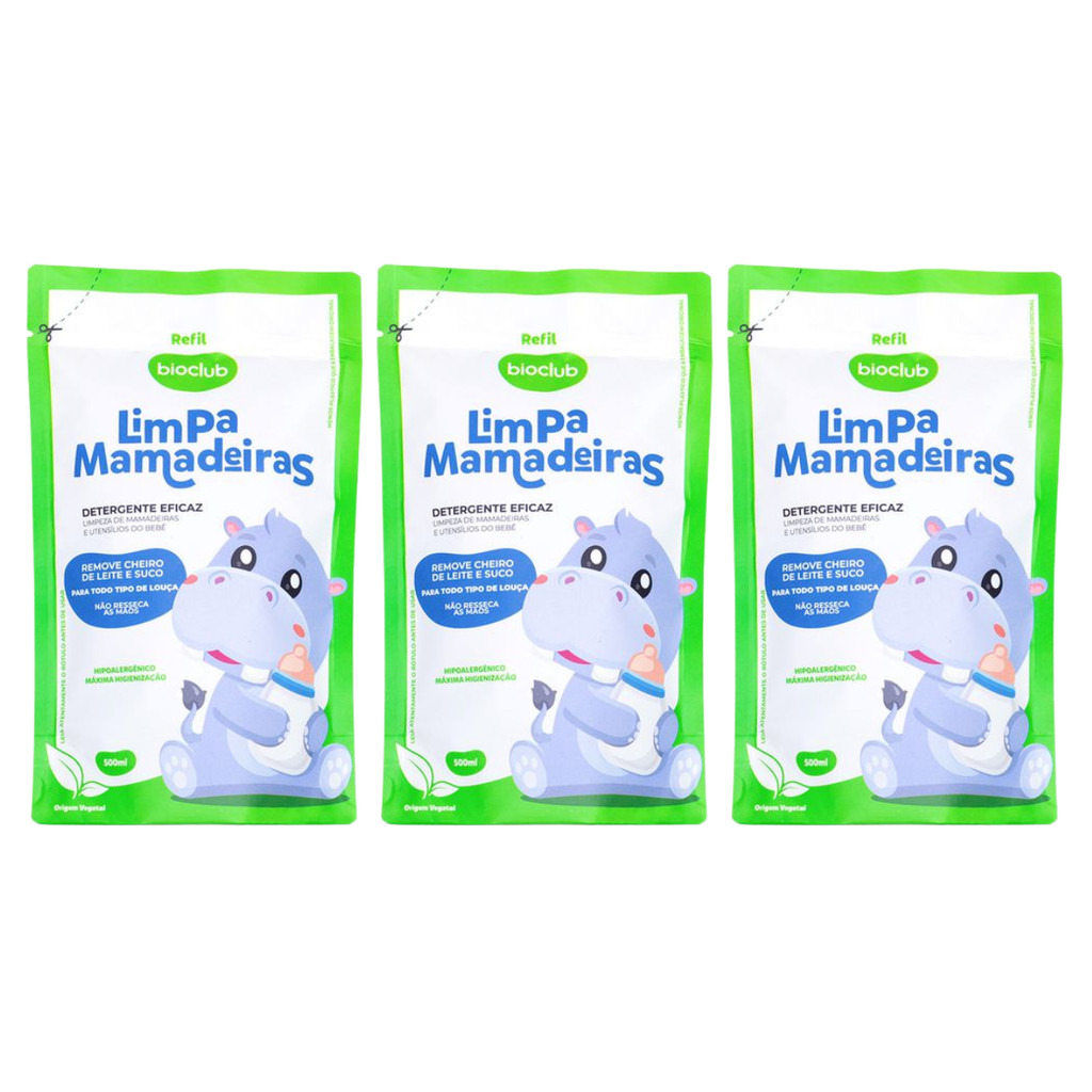 Kit 3 Refil Limpa Mamadeiras Bebe Detergente 500ml Bioclub