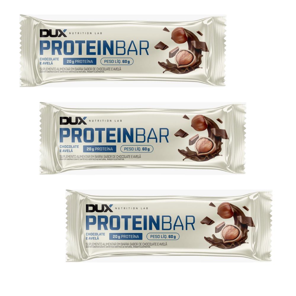 Kit 3 Barra de Proteína Dux Proteinbar Chocolate e Avelã 20g Proteína com 60g