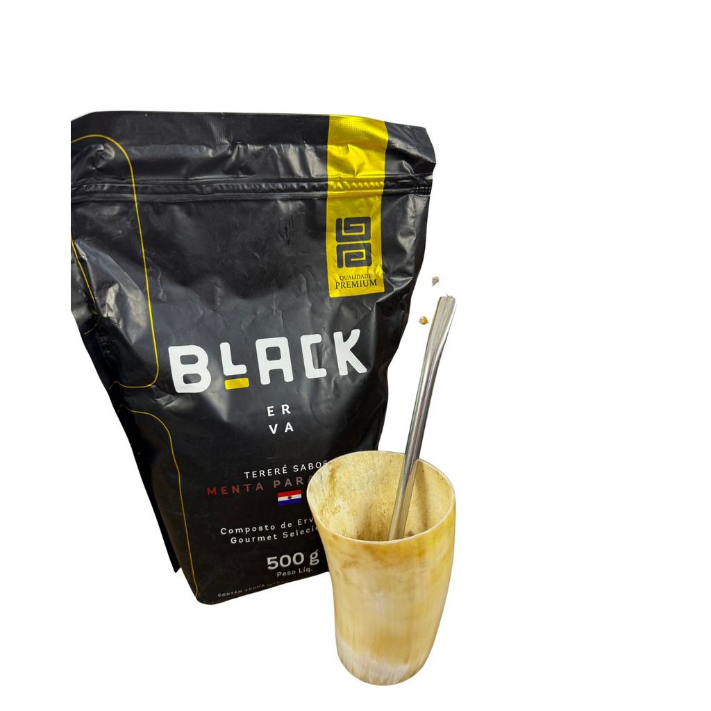 Kit Tereré – Guampa +Bomba+Erva Black Menta Paraguaia 500g