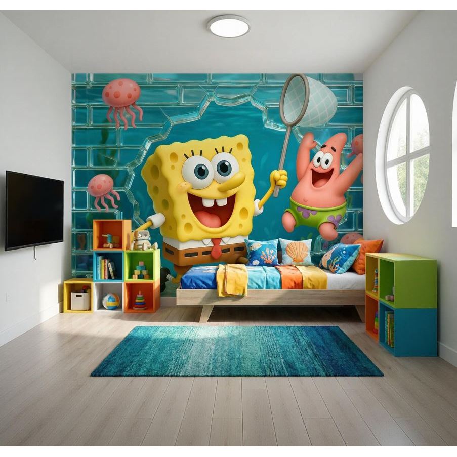 Papel de Parede Bob Esponja Tijolinho de Vidro Fundo do Mar Adesivo Personalizado M² PAREDE TODA