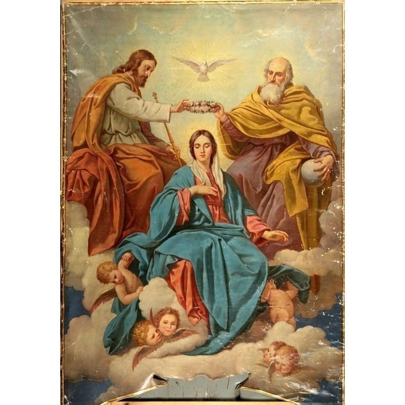 Quadro Decorativo Nossa Senhora Sendo Coroada Pela Santíssima Trindade, no Céu. Quadro Decorativo.