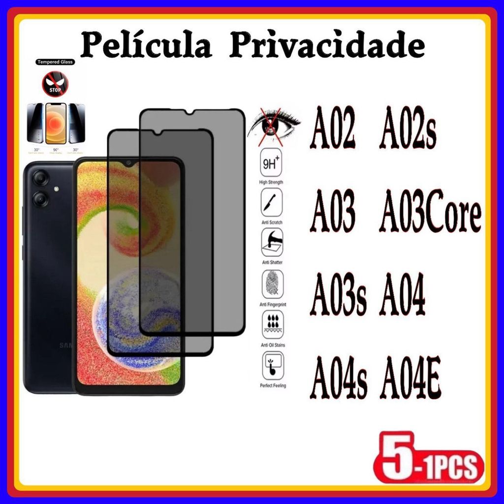 Película de Privacidade 3D Vidro Temperado Anti Spy Samsung A02 A02S A03 A03S A03CORE A04 A04S A04E em Oferta na Shopee