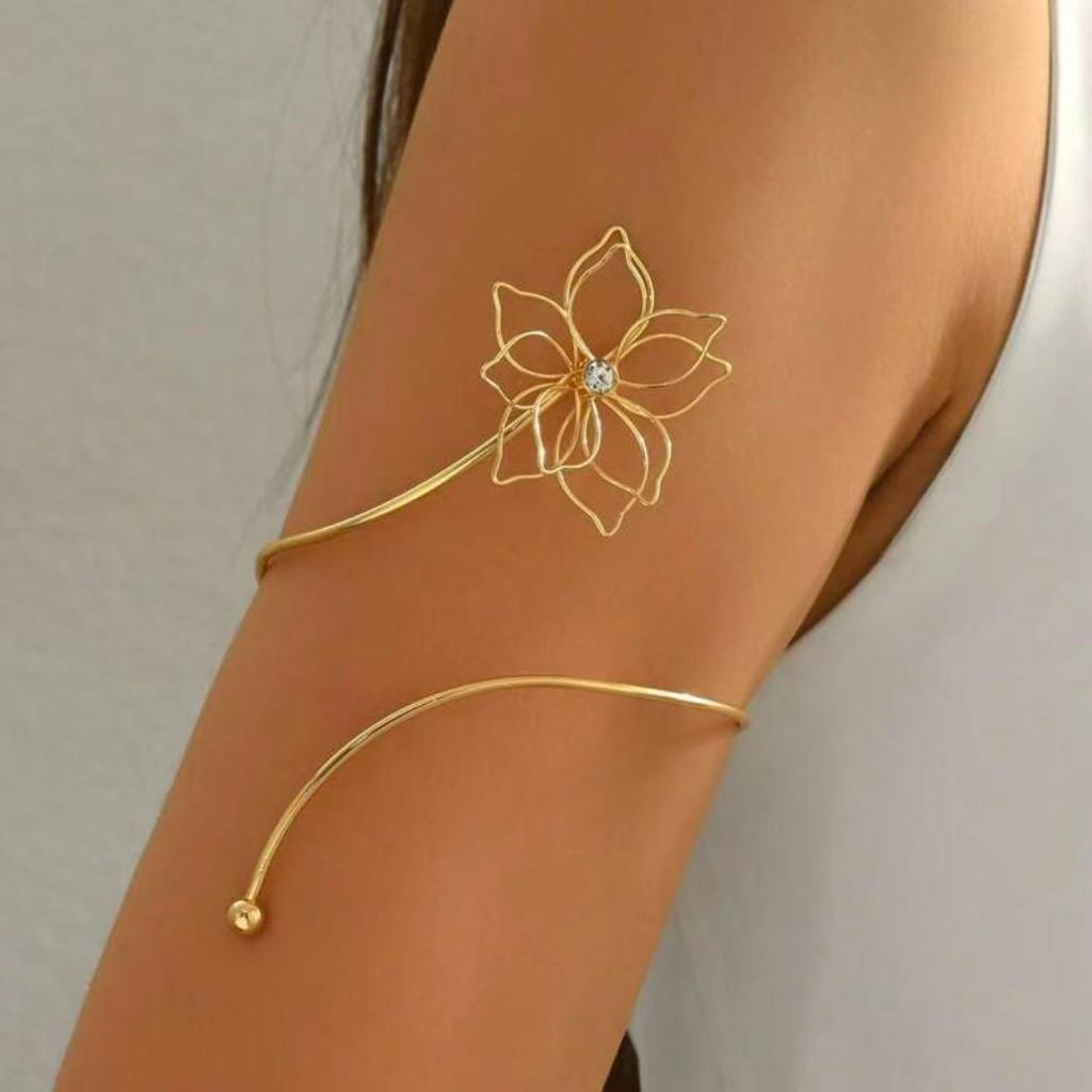 Bracelete de Braço Feminino Ajustável Modelo Espiral e Flor – Arm Cuff Minimalista Banhado a Ouro 18K e Prata 925 em Oferta na Shopee