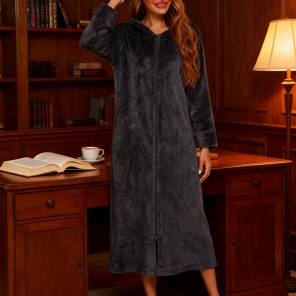 Robe Feminino De Lã Quente Com Zíper Completo E Bolsos De Flanela Macia , Conforto Fácil . Noites De Outono Frios