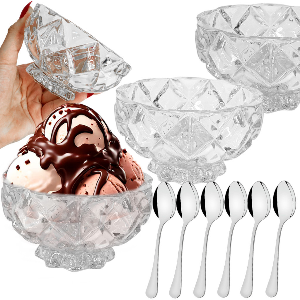 Taças Sobremesa Vidro Bico Jaca Diamond Abacaxi Kit 6 Unidades 250ml Colheres Inox Cristal Retro