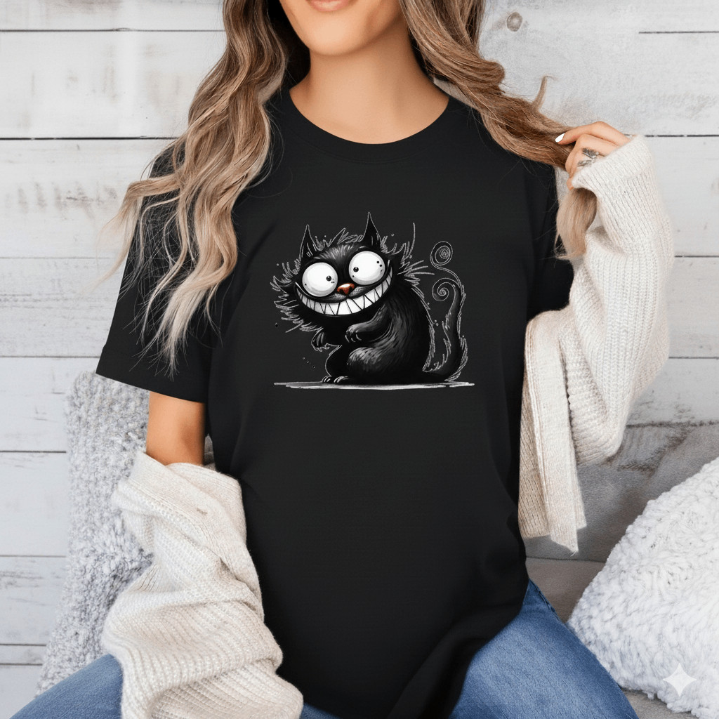 Camiseta Unissex Gato Preto Olhos Brancos Engraçado Algodão Estampada Confortável Divertida Descolada Casual