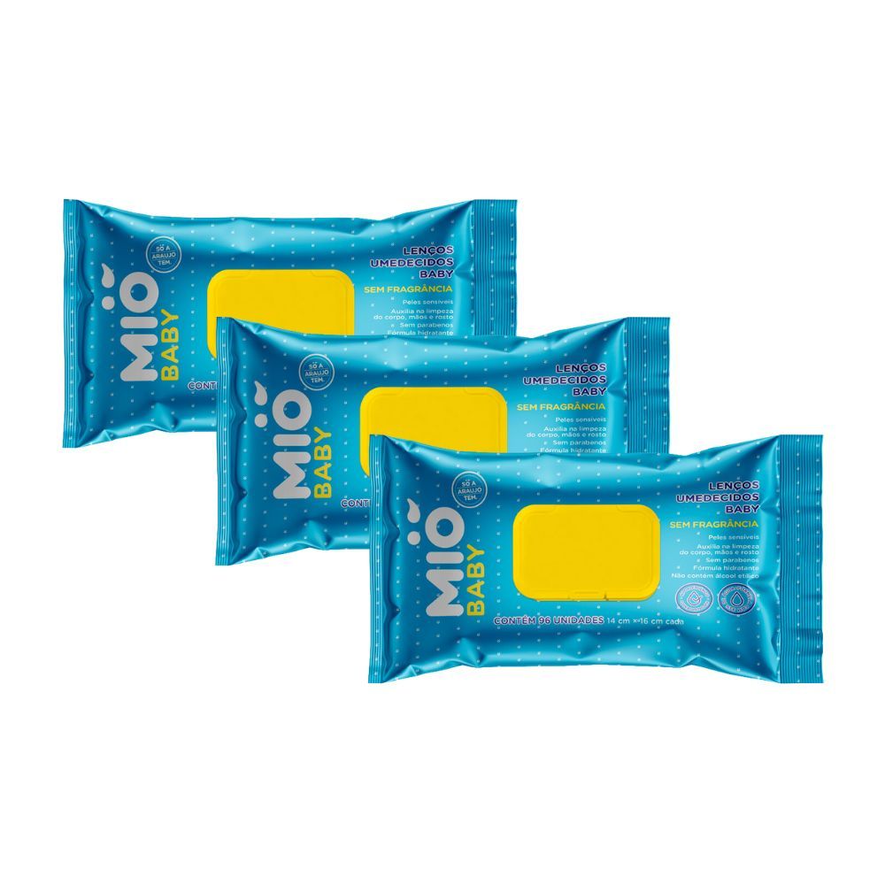 Kit 3 Lenço Umedecido Mió Baby Sem Fragrância com 96 Unidades em Oferta na Shopee
