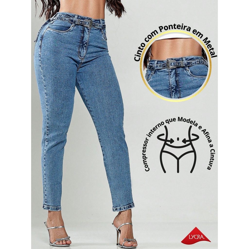 Calça Mom Jeans Lycra Cós Alto Com Cinto de Metal