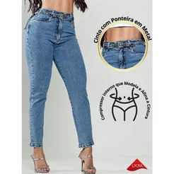 Calça Mom Jeans Lycra Cós Alto Com Cinto de Metal