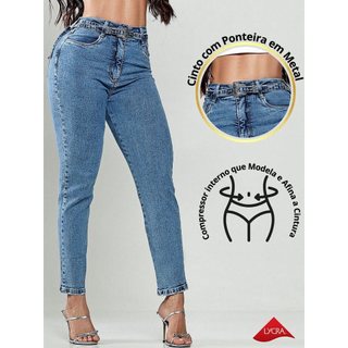 Calça Mom Jeans Lycra Cós Alto Com Cinto de Metal