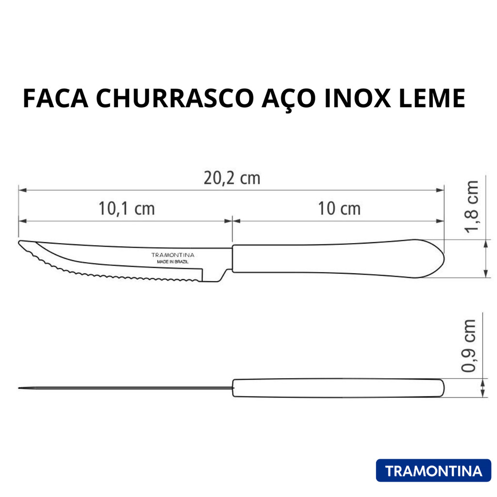 Kit Faca de Mesa Churrasco 4 6 12 peças Tramontina Leme Inox Cabo Azul