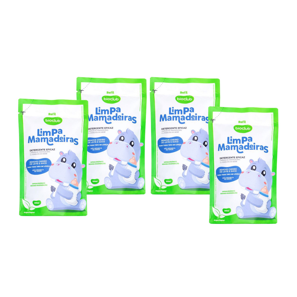 Kit 4 Refil Limpa Mamadeiras Bebe Detergente 500ml Bioclub