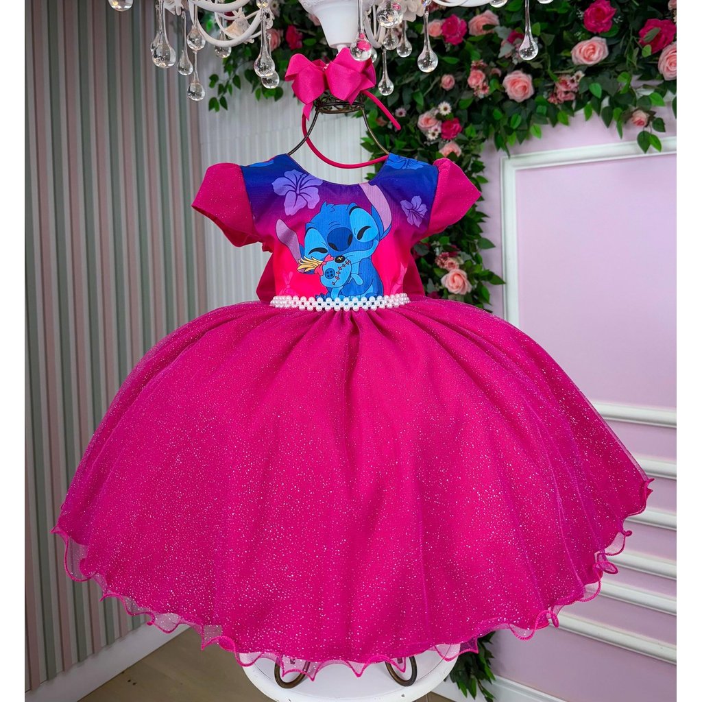 Vestido Infantil Menina-Tematico Stitch Pink-Festa Aniversário tema Lilo Stitch