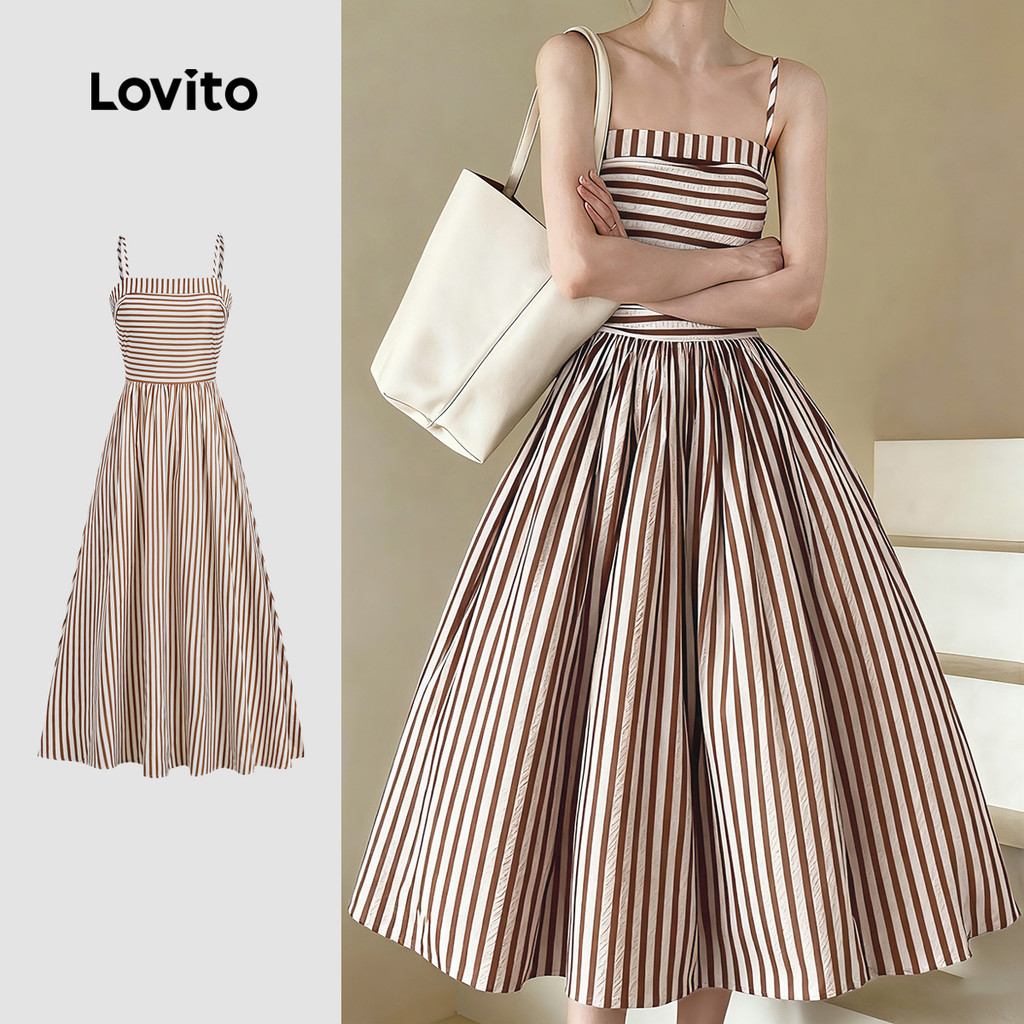 Lovito Vestido Elegante com Zíper Primavera/verão Vestido Marrom para Mulheres L157LD247